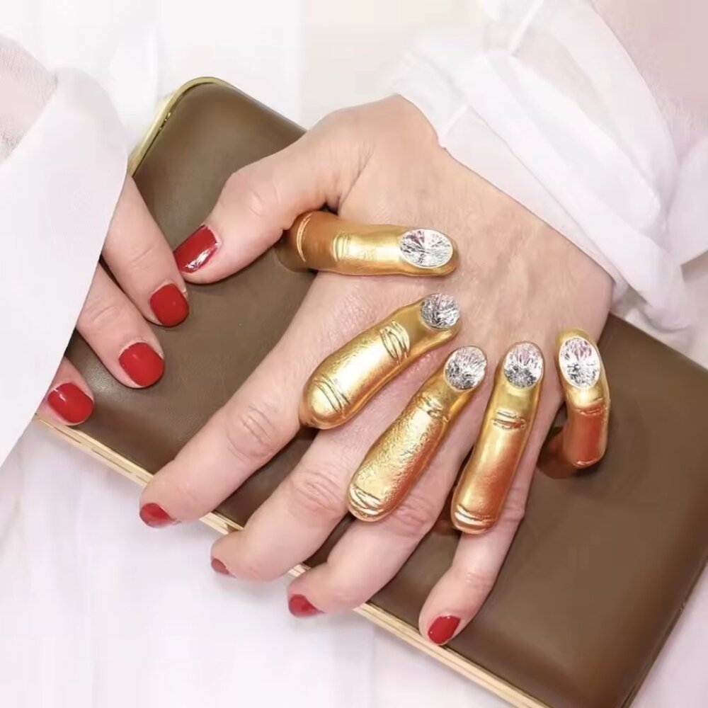 Gold Statement Finger Tip Rings with Clear Crystal Ends [no bag attached] - Picture 2 of 5